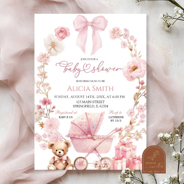 Pink Bow Coquette Baby Carriage Baby Shower Invitation (Creator Uploaded)