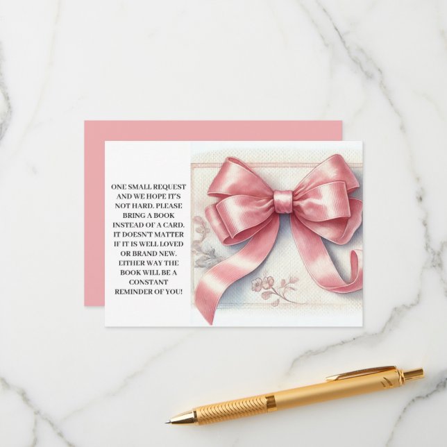 Pink Bow Coquette Baby shower Books for Baby Enclosure Card (Front/Back In Situ)