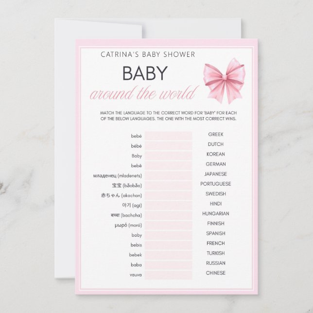 Pink Bow Coquette Baby Shower - Editable Name, 5x7 Invitation (Front)