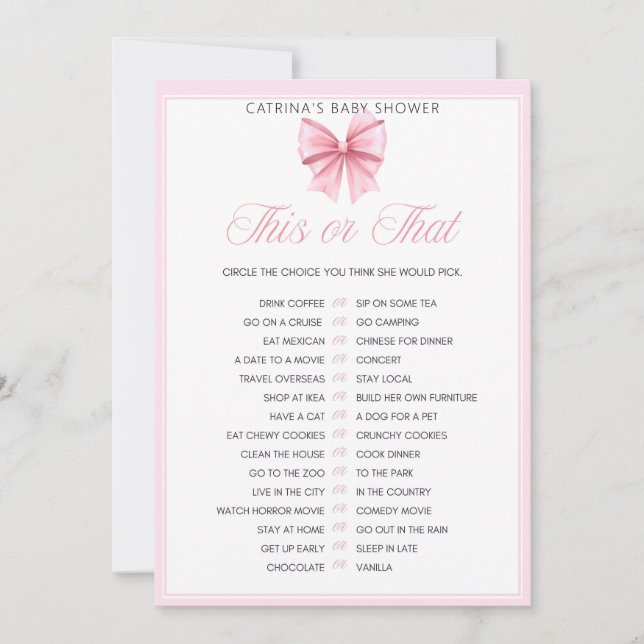Pink Bow Coquette Baby Shower - Editable Name, 5x7 Invitation (Front)