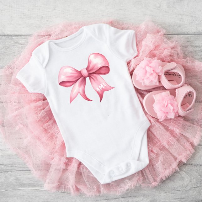 Pink Bow Coquette Baby Shower Monogram Bodysuit (Creator Uploaded)