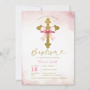 Pink Bow Coquette Baptism Girl Cross Christening Invitation