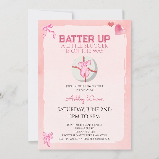 Pink Bow Coquette Baseball Baby Shower Invitation (Front)
