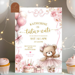 Pink Bow Coquette Bear Tutu Cute Birthday Invitation