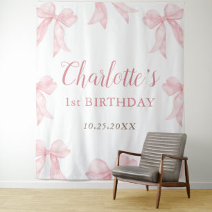 Pink Bow Coquette Birthday Backdrop Tapestry