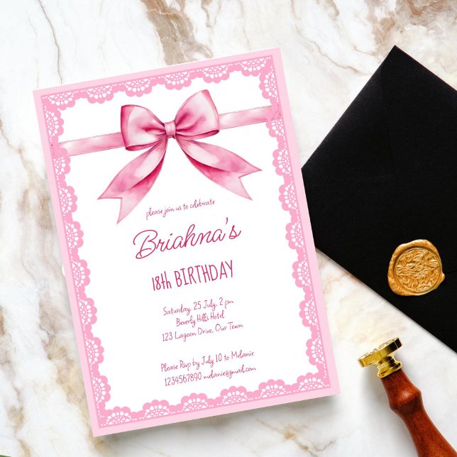 Pink bow coquette birthday party  invitation (Pink bow coquette birthday party invitation editable template digital download vintage retro lace)