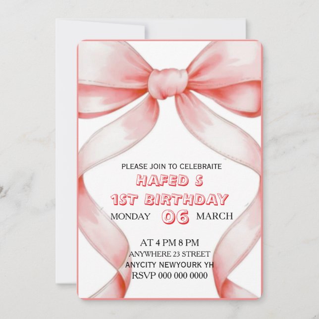 Pink Bow Coquette Bow Birthday Invitation, 13th Bi Invitation (Front)