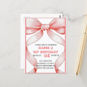 Pink Bow Coquette Bow Birthday Invitation, 13th Bi Postcard