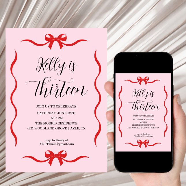 Pink Bow Coquette Bow Birthday Invitation, 13th Invitation (Creator Uploaded)