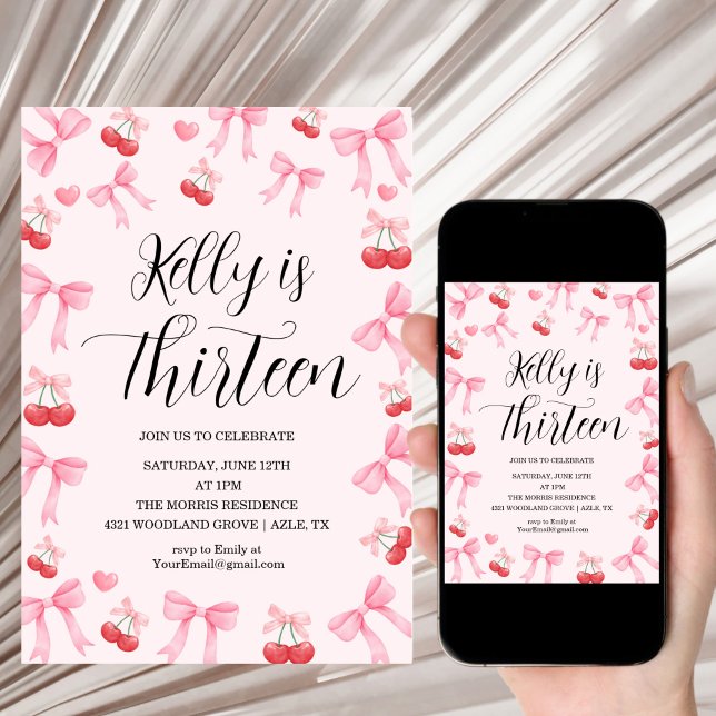 Pink Bow Coquette Bow Cherry Birthday, 13th Invitation (Creator Uploaded)