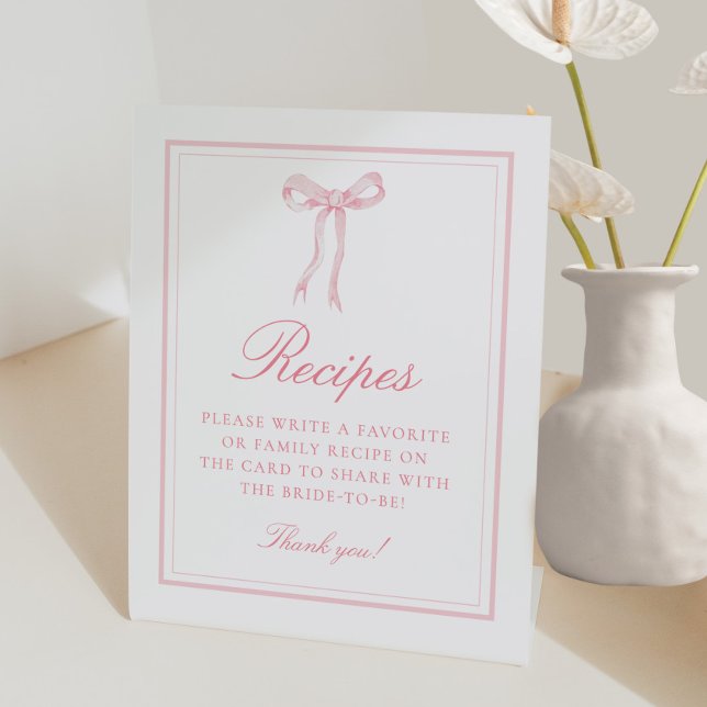 Pink Bow Coquette Bridal Shower Recipe Pedestal Sign (Creator Uploaded)