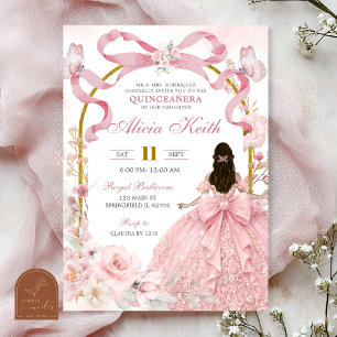 Pink Bow Coquette Butterfly Quinceanera Invita Invitation