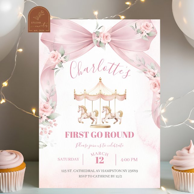  Pink Bow Coquette Carousel First Birthday Invitation (Creator Uploaded)