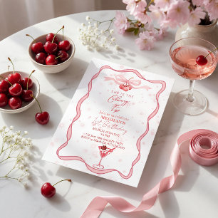 Pink bow coquette cherry on top 1st birthday Invitation