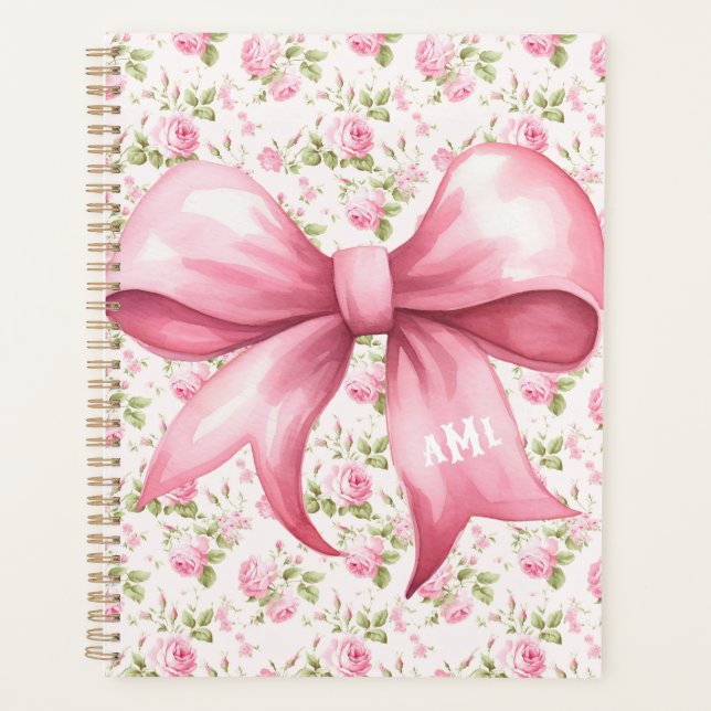 Pink Bow Coquette Cottage Rose Monogram Planner (Front)