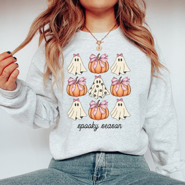 Pink Bow Coquette Cute Ghost And Pumpkin Halloween Sweatshirt (Creator Uploaded)
