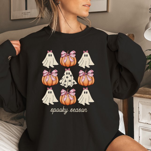 Pink Bow Coquette Cute Ghost And Pumpkin Halloween Sweatshirt (Creator Uploaded)