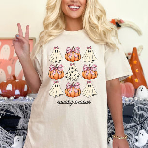 Pink Bow Coquette Cute Ghost And Pumpkin Halloween T-Shirt