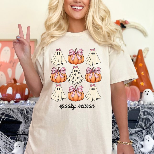 Pink Bow Coquette Cute Ghost And Pumpkin Halloween T-Shirt (Creator Uploaded)