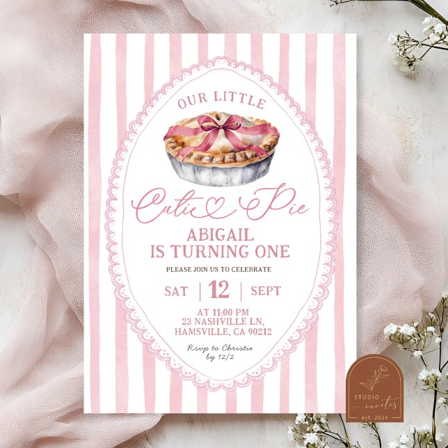 Pink Bow Coquette Cutie Pie First Birthday Invitation (Creator Uploaded)