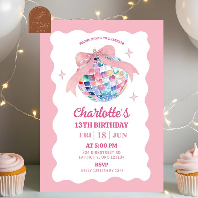Pink Bow Coquette Disco Ball Girl Birthday Invitation (Creator Uploaded)