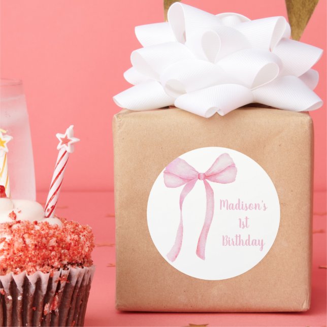 Pink Bow Coquette First Birthday Classic Round Sticker (Party)