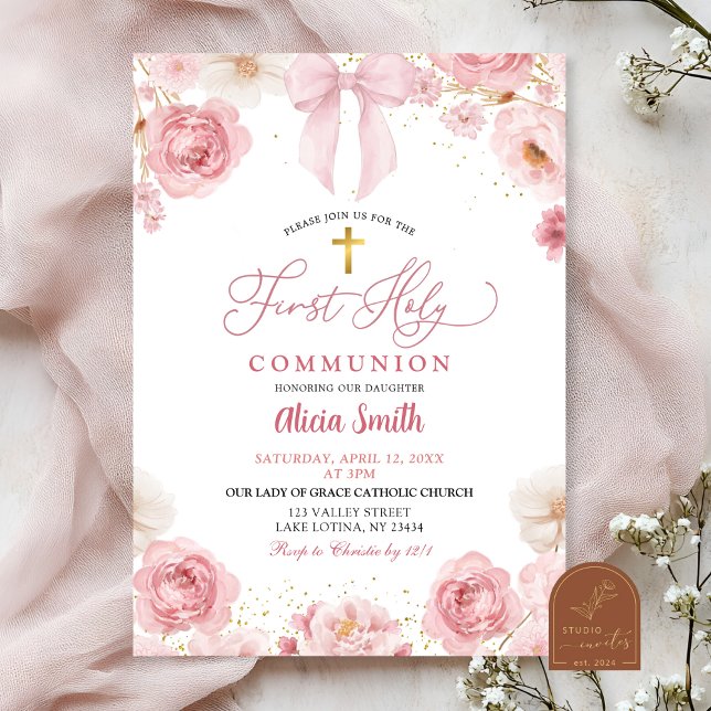 Pink Bow Coquette First Holy Communion Invitation (Creator Uploaded)