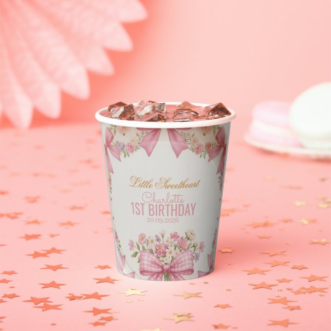 Pink Bow Coquette Floral 1st Birthday Personalized Paper Cups (Insitu)