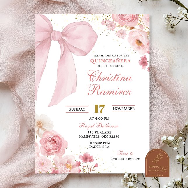 Pink Bow coquette floral Quinceanera  Invitation (Creator Uploaded)