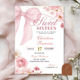 Pink Bow Coquette floral Sweet Sixteen Invitation