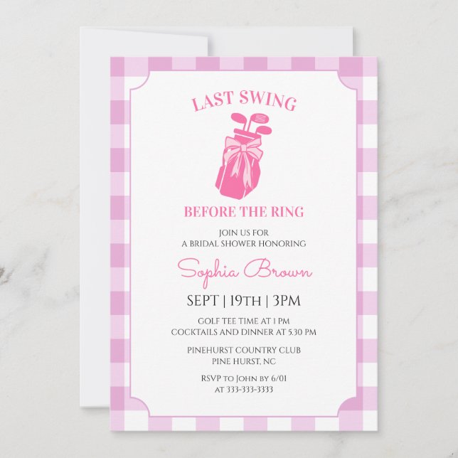 Pink Bow Coquette Gingham Golf Bridal Shower Invitation (Front)
