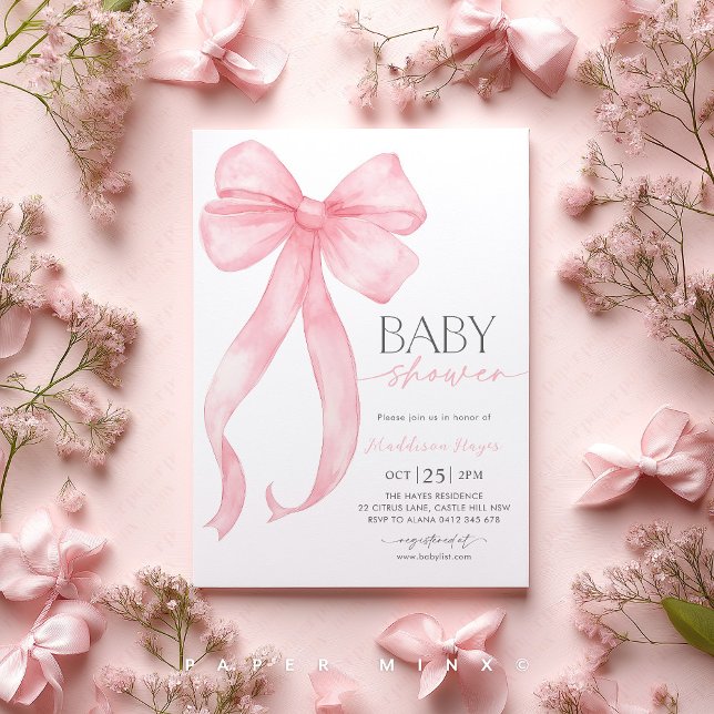 Pink Bow Coquette Girl Baby Shower  Invitation (Pink Bow Baby Shower Invitation | Baby Girl Coquette Baby Shower Party)