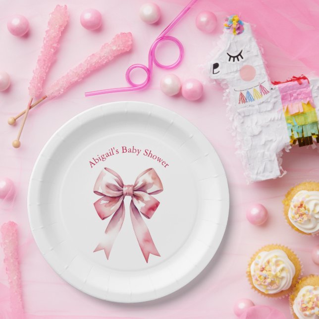 Pink Bow Coquette Girl Baby Shower Paper Plate (Party)