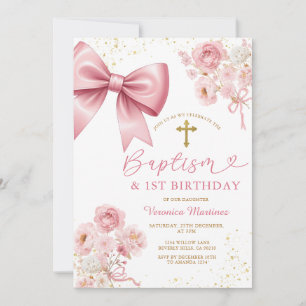 Pink Bow Coquette Girl Baptism and Birthday Floral Invitation