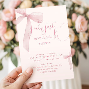 Pink Bow Coquette Girls Just Wanna Be 20 Birthday Invitation