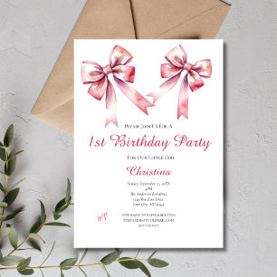 Pink Bow Coquette Girly 1st Birthday Invitation