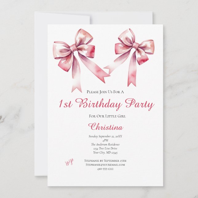 Pink Bow Coquette Girly 1st Birthday Invitation (Front)
