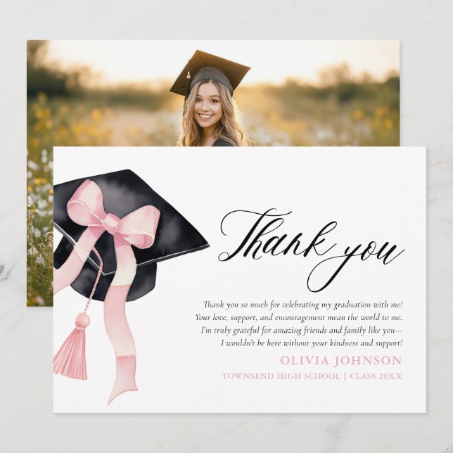 Pink Bow  Coquette Graduation Cap  Thank You Cards (Front/Back)