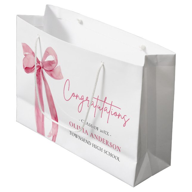 Pink Bow Coquette Graduation Congratulation Large Gift Bag (Front Angled)