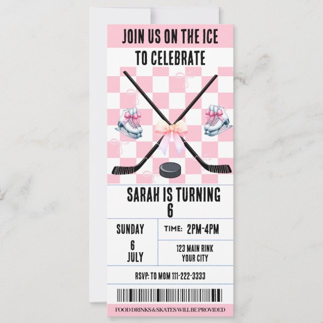Pink Bow Coquette Ice Hockey  Ticket Birthday  Invitation (Front)