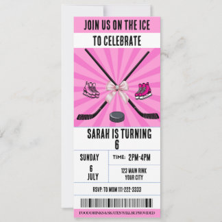 Pink Bow Coquette Ice Hockey Ticket Birthday Invitation