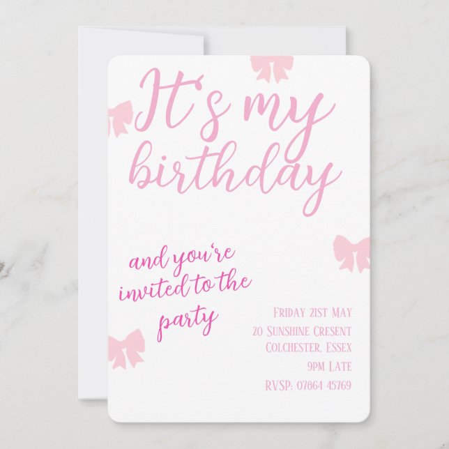 Pink bow coquette invitation , digital download  (Front)