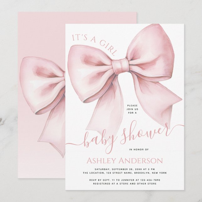 Pink Bow Coquette It's a Girl Baby Shower Invitation (Front/Back)