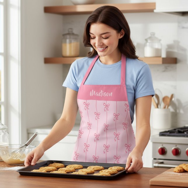 Pink Bow Coquette Modern Girly Personalised Name Apron (Creator Uploaded)