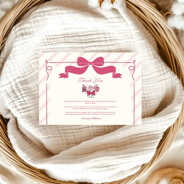  Pink Bow Coquette Nursing School Graduate Thank You Card (Creator Uploaded)