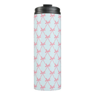 Pink Bow Coquette Pattern on Blue Thermal Tumbler