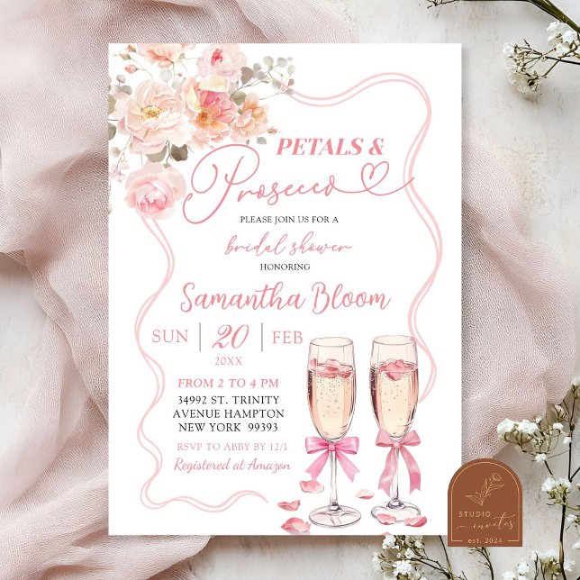 Pink Bow Coquette Petals and Prosecco Invitation (Creator Uploaded)