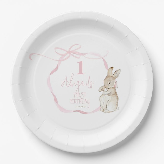 Pink Bow Coquette Peter the Rabbit 1st Birthday Paper Plate (Front)