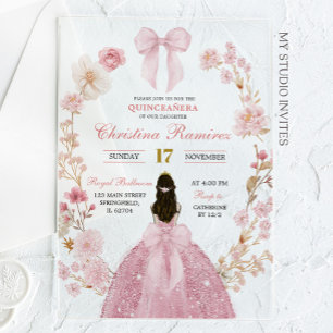 Pink Bow coquette Princess floral Quinceanera Acrylic Invitations