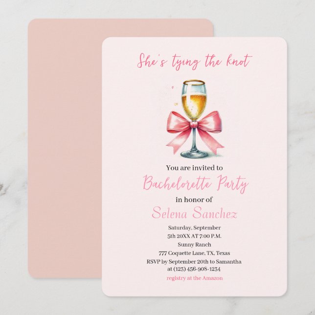 Pink Bow Coquette Prosecco Bachelorette Party Invitation (Front/Back)
